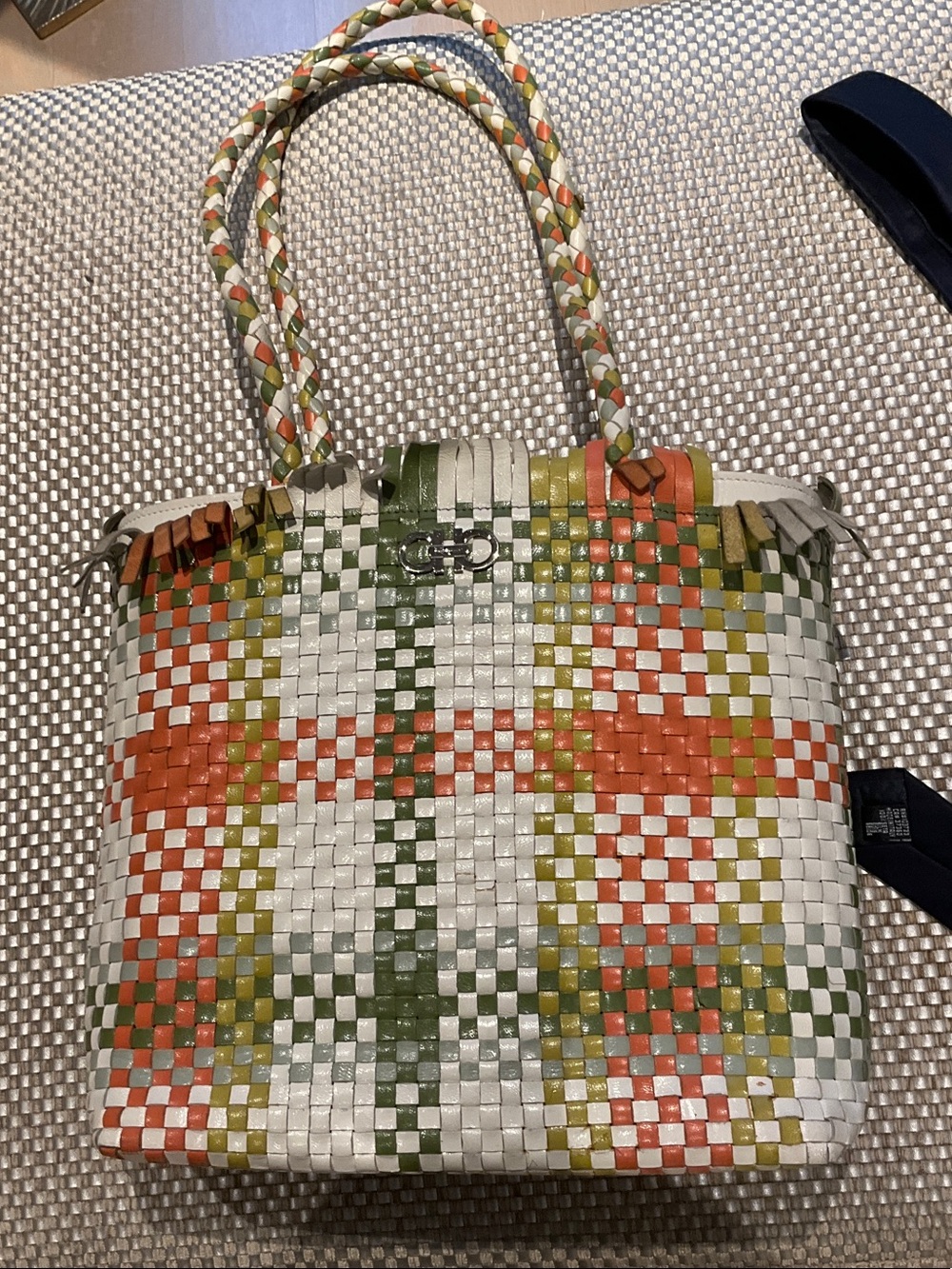 Ferragamo Woven Leather Tote Bag - White, Olive, Orange, Yellow weaved leather